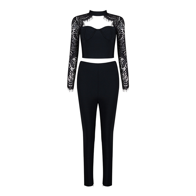 New Fashion Long Sleeve Lace Hollow Out Sexy Formal Elastic Waist Skinny Pant Suits Set KH2599 3