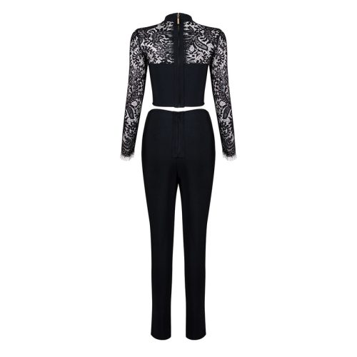 New Fashion Long Sleeve Lace Hollow Out Sexy Formal Elastic Waist Skinny Pant Suits Set KH2599 4