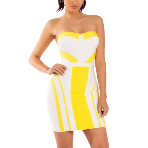 Strapless Yellow Stripe Bandage Dress K190 2