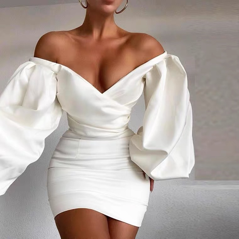 Off Shoulder Puff Sleeve Bodycon Dress ...